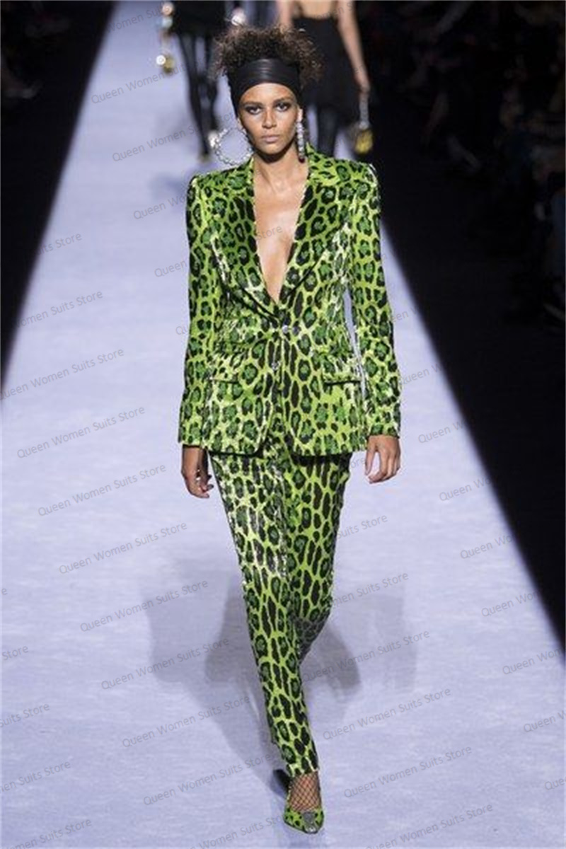 Women Formal Wear Pants - Sequins Leopard Women Suit Set Blazer+Pants